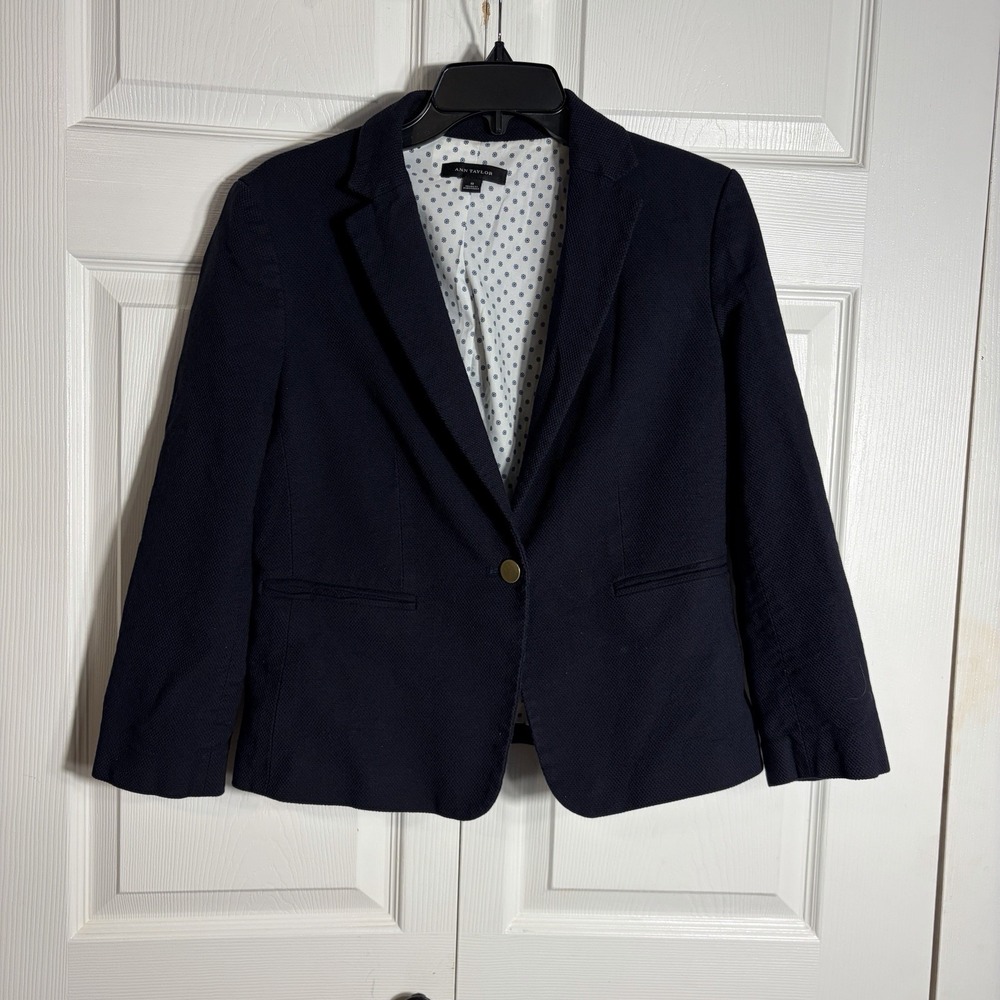 Ann Taylor Navy Blue Blazer Women 8 One Button Notched Lapel 3/4 Sleeve Jacket